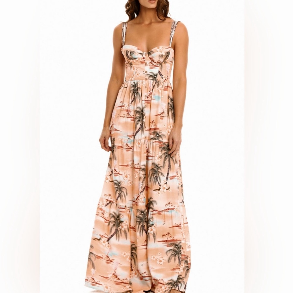 Agua Bendita Peach Tropical Print Maxi Dress 🧡🌴